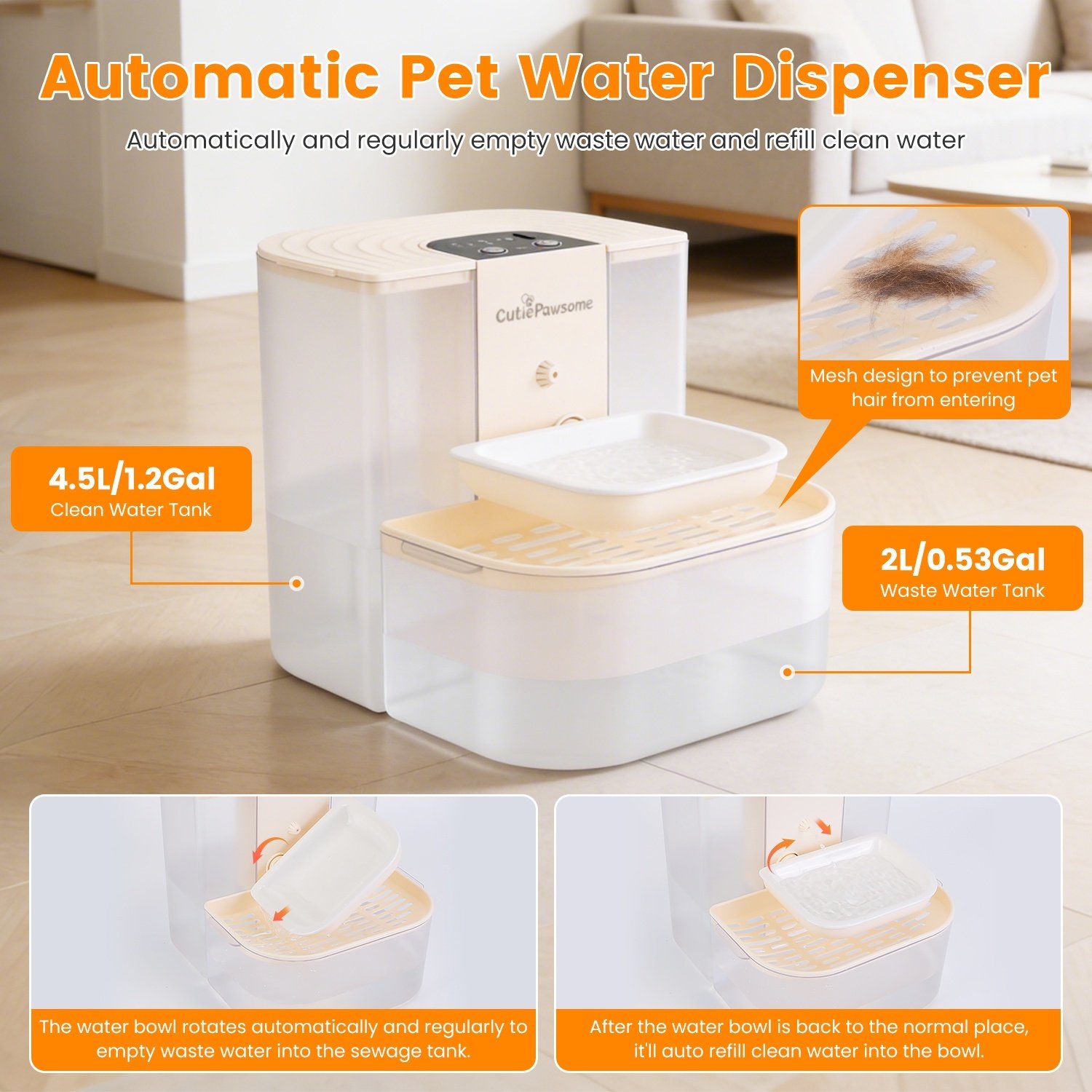 1 Fontaine à eau intelligente pour animaux – Distributeur automatique sans fil et rechargeable (4,5 L) avec remplissage autonome, 3 niveaux de débit, 3 intervalles de distribution, télécommande et brosse de nettoyage. - Image 3