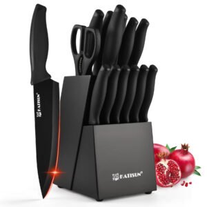 Ensemble de 15 couteaux de cuisine avec aiguiseur intégré - Lames en acier au carbone et manches ergonomiques