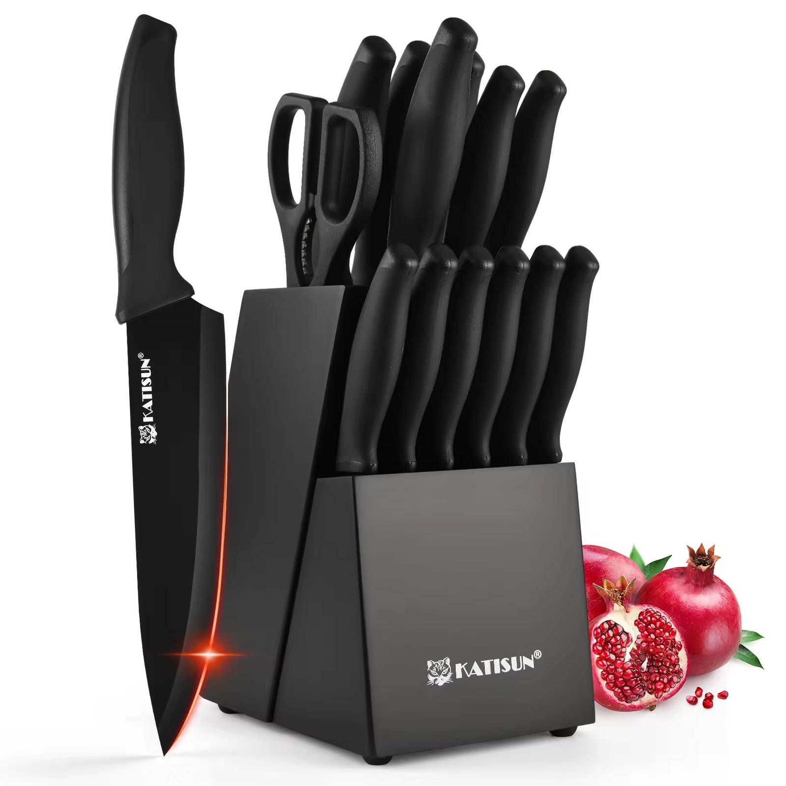 Ensemble de 15 couteaux de cuisine avec aiguiseur intégré - Lames en acier au carbone et manches ergonomiques