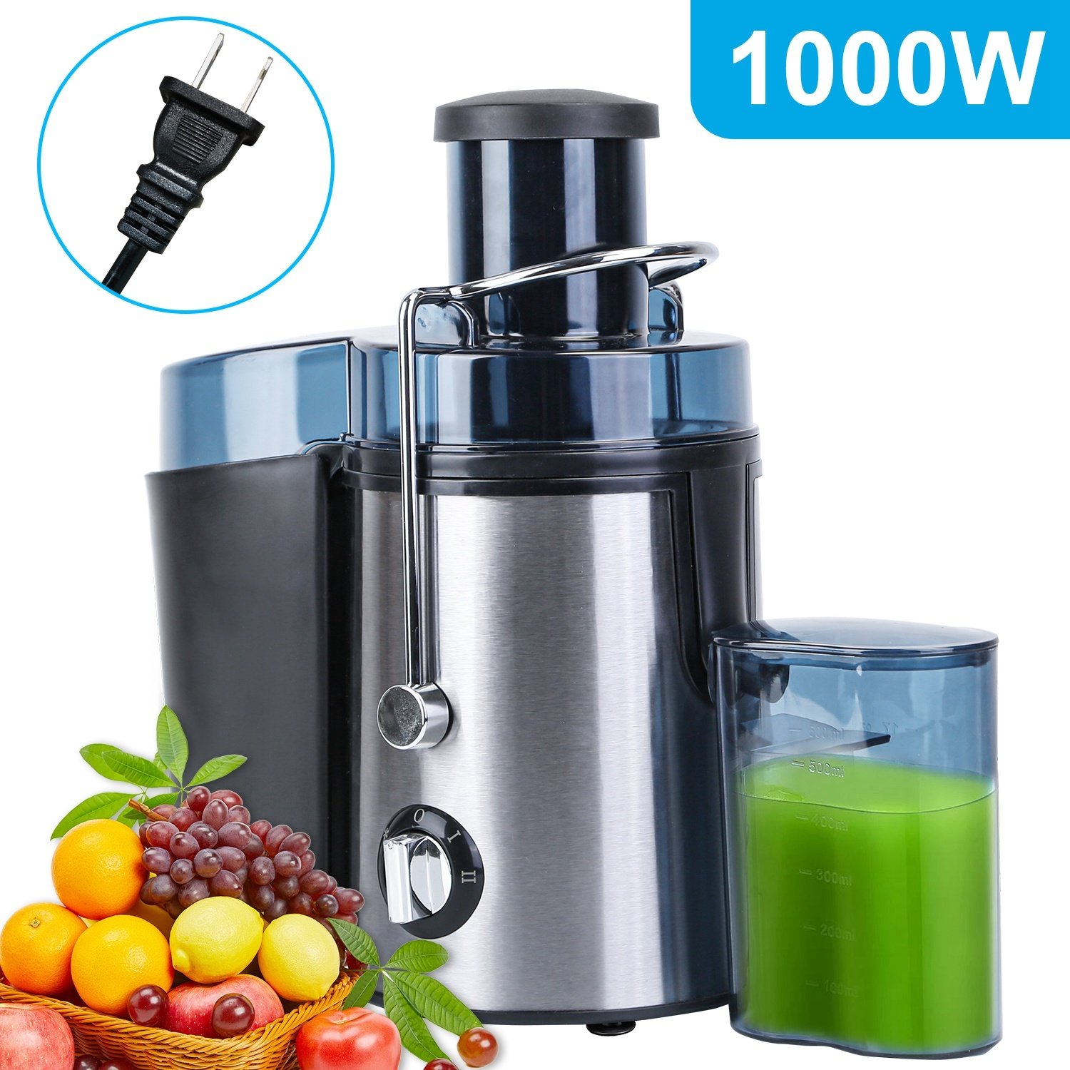 Extracteur de jus centrifuge électrique (1 unité) – 2 vitesses, goulotte d'alimentation large (6,6 cm), récipient à jus (500 ml) et collecteur de pulpe (1,6 l) – Pour fruits et légumes