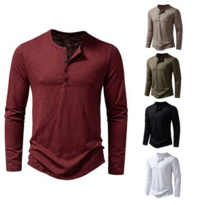 T-shirt à manches longues pour homme – Haut décontracté et tendance, couleur unie, style pull avec boutons – Vêtement pour le printemps et l'automne