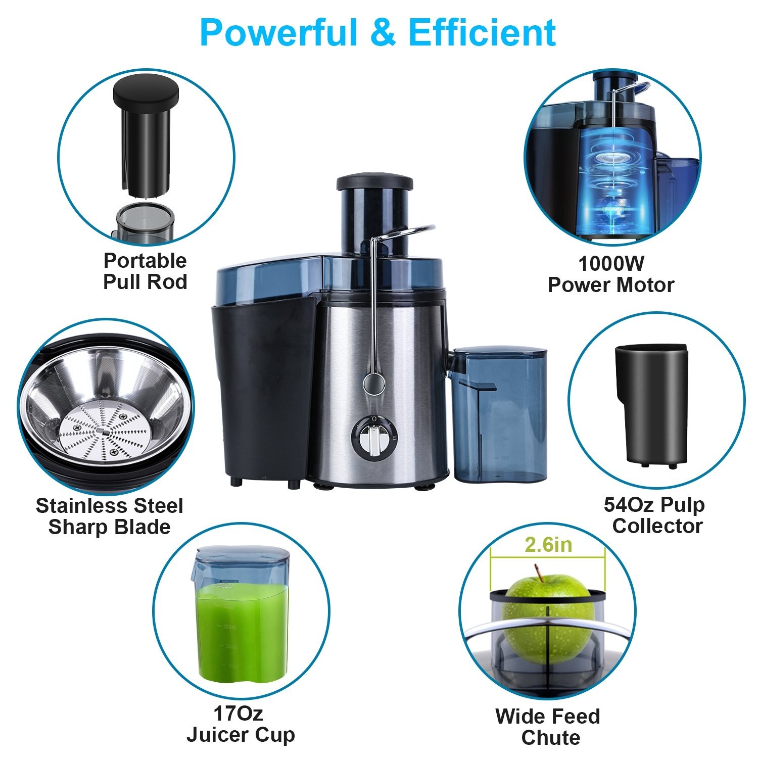 Extracteur de jus centrifuge électrique (1 unité) – 2 vitesses, goulotte d'alimentation large (6,6 cm), récipient à jus (500 ml) et collecteur de pulpe (1,6 l) – Pour fruits et légumes - Image 10