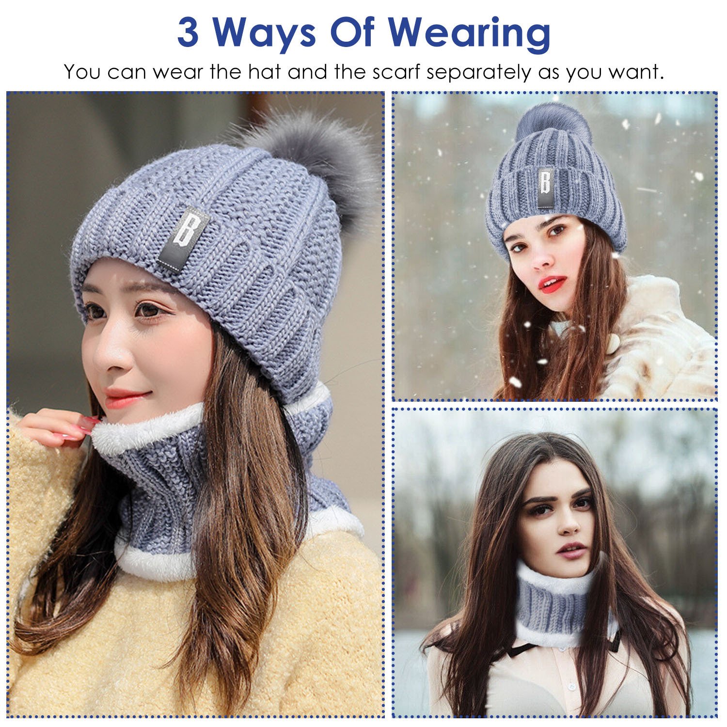 Ensemble bonnet et écharpe d'hiver pour femme – Bonnet en tricot chaud et tour de cou – Idéal pour la marche, la course, la randonnée, le camping et les activités de plein air – Idée cadeau - Image 8