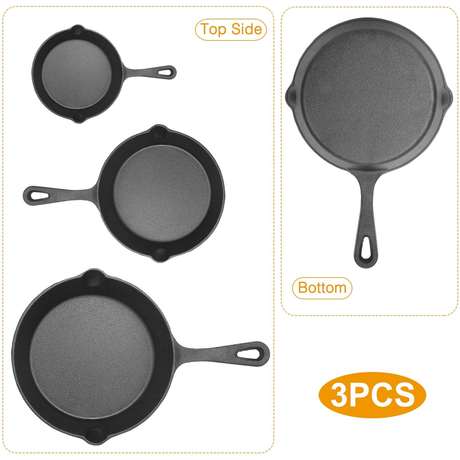 Ensemble de 3 poêles en fonte pré-culottée (15, 20 et 25 cm) pour intérieur et extérieur – Antiadhésives, résistantes à la chaleur et compatibles avec le four – Idéales pour frire, cuire et rôtir. - Image 7