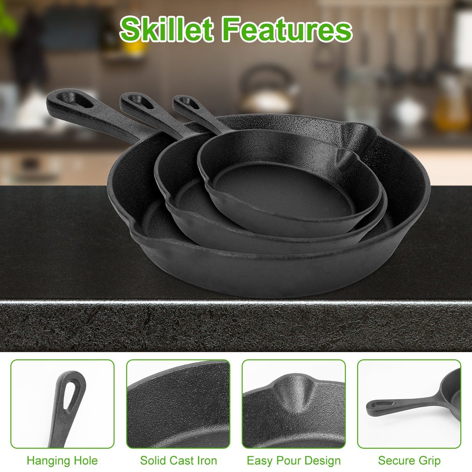 Ensemble de 3 poêles en fonte pré-culottée (15, 20 et 25 cm) pour intérieur et extérieur – Antiadhésives, résistantes à la chaleur et compatibles avec le four – Idéales pour frire, cuire et rôtir. - Image 2