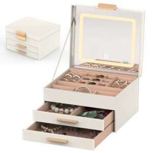Coffret à bijoux avec miroir LED et 3 niveaux de rangement (dont 2 tiroirs) – Organisateur en similicuir avec éclairage réglable (3 teintes) – Pour boucles d'oreilles, bagues, bracelets et colliers.