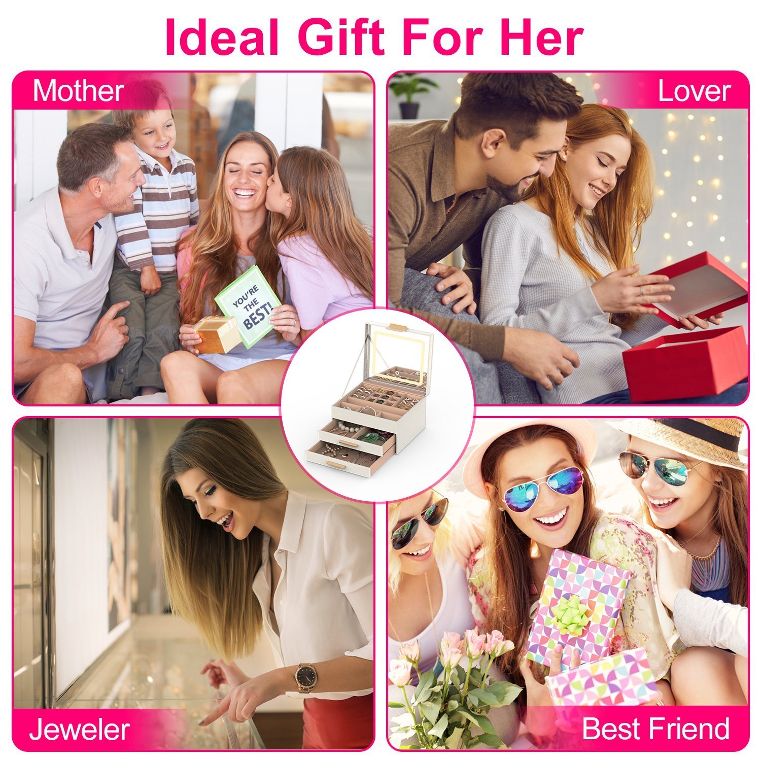 Coffret à bijoux avec miroir LED et 3 niveaux de rangement (dont 2 tiroirs) – Organisateur en similicuir avec éclairage réglable (3 teintes) – Pour boucles d'oreilles, bagues, bracelets et colliers. - Image 7