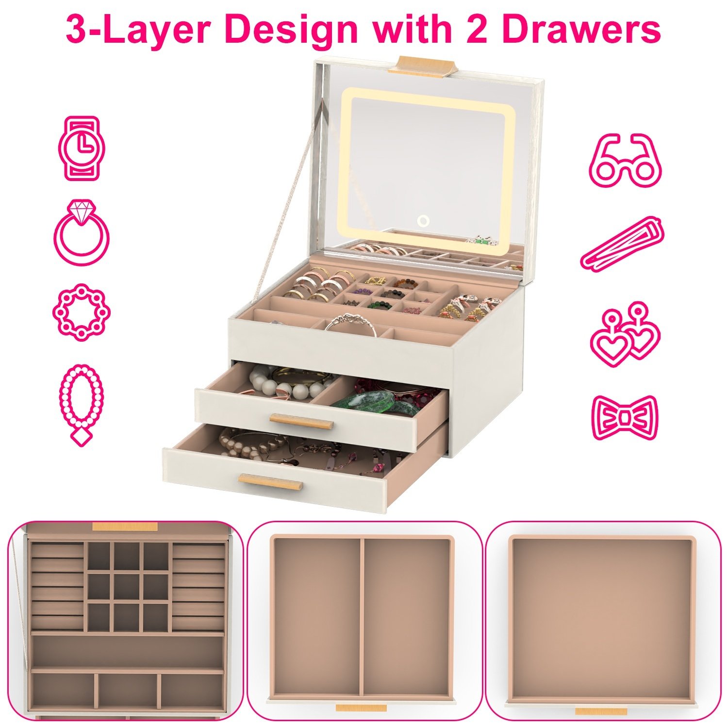 Coffret à bijoux avec miroir LED et 3 niveaux de rangement (dont 2 tiroirs) – Organisateur en similicuir avec éclairage réglable (3 teintes) – Pour boucles d'oreilles, bagues, bracelets et colliers. - Image 8