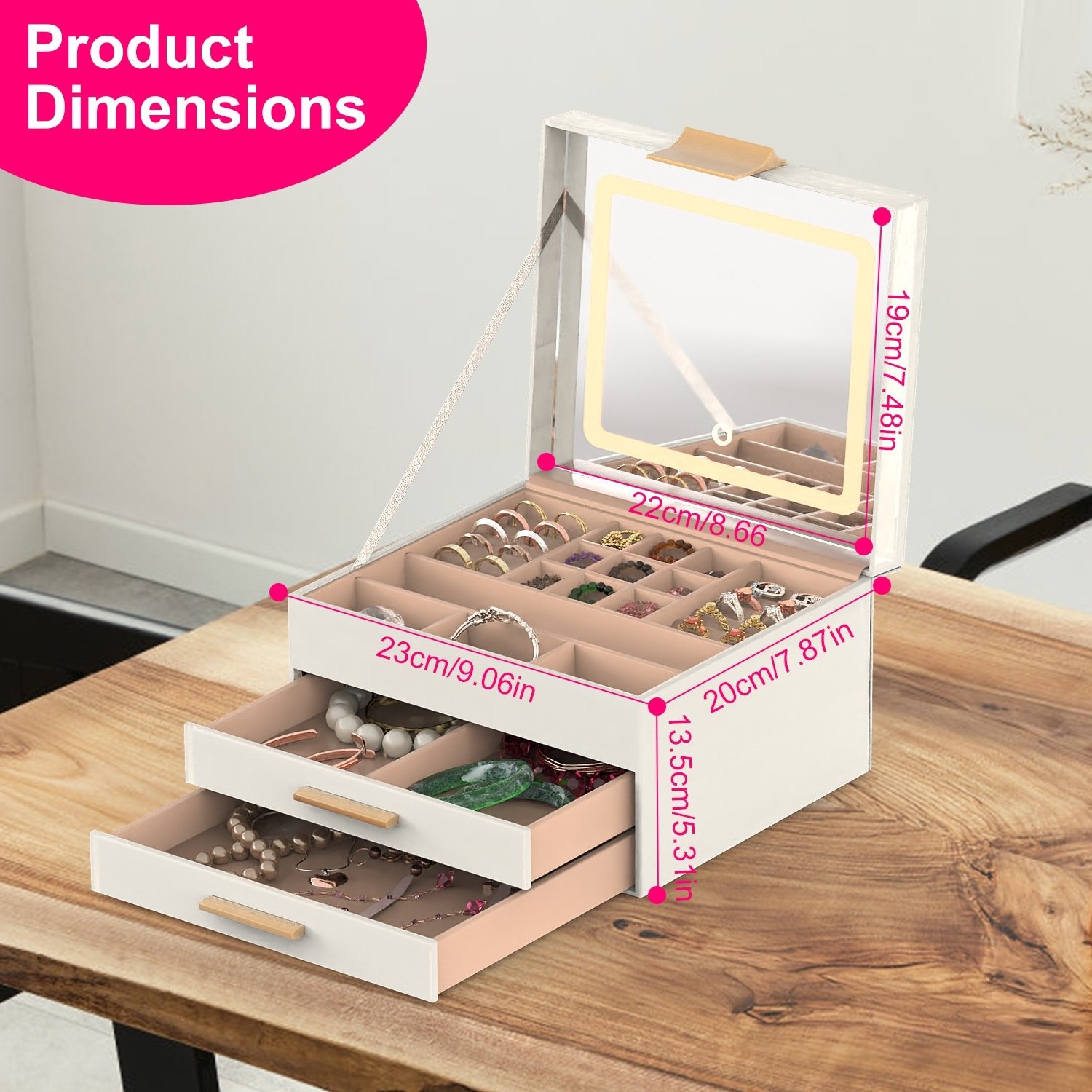 Coffret à bijoux avec miroir LED et 3 niveaux de rangement (dont 2 tiroirs) – Organisateur en similicuir avec éclairage réglable (3 teintes) – Pour boucles d'oreilles, bagues, bracelets et colliers. - Image 6