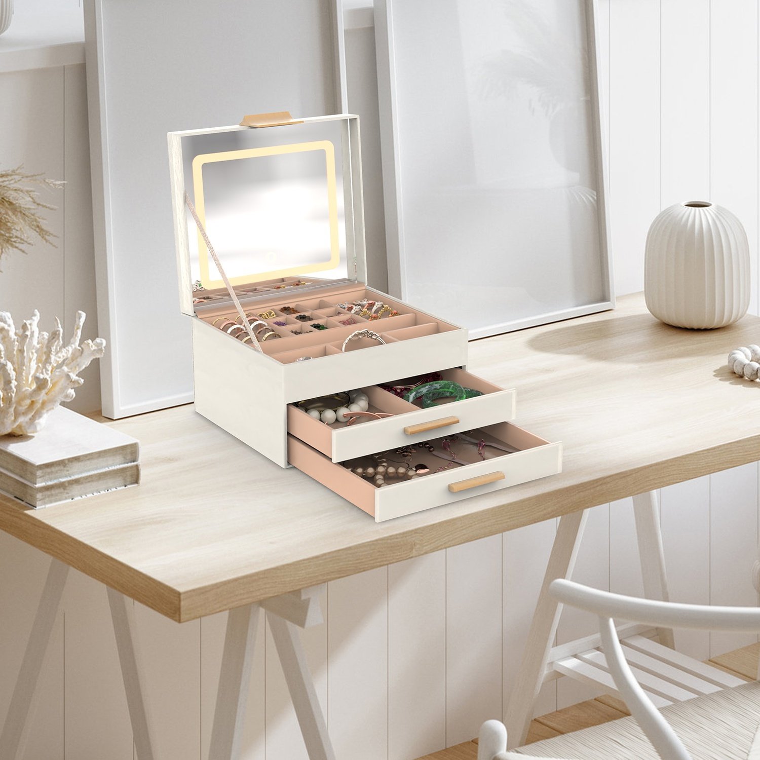 Coffret à bijoux avec miroir LED et 3 niveaux de rangement (dont 2 tiroirs) – Organisateur en similicuir avec éclairage réglable (3 teintes) – Pour boucles d'oreilles, bagues, bracelets et colliers. - Image 2