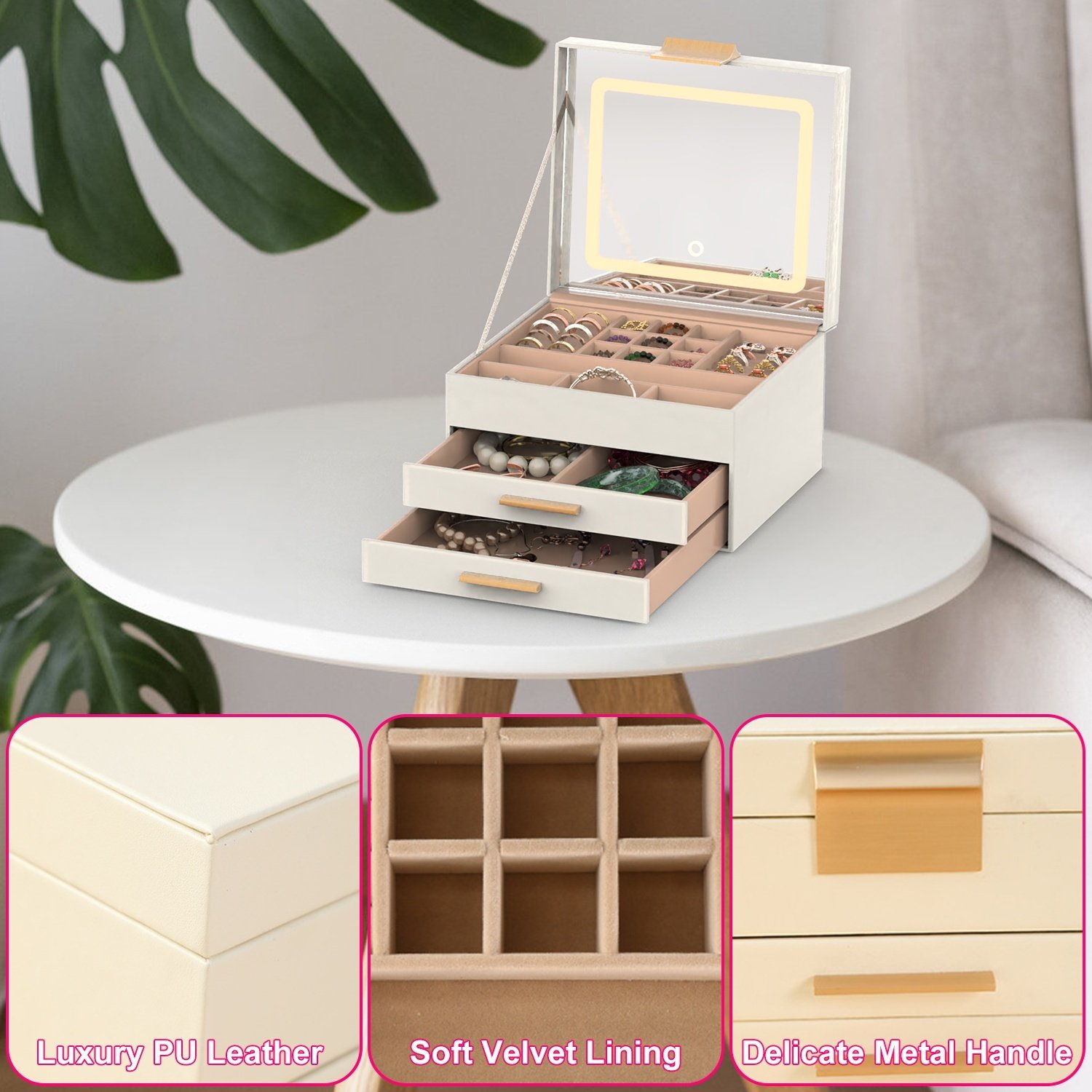 Coffret à bijoux avec miroir LED et 3 niveaux de rangement (dont 2 tiroirs) – Organisateur en similicuir avec éclairage réglable (3 teintes) – Pour boucles d'oreilles, bagues, bracelets et colliers. - Image 9