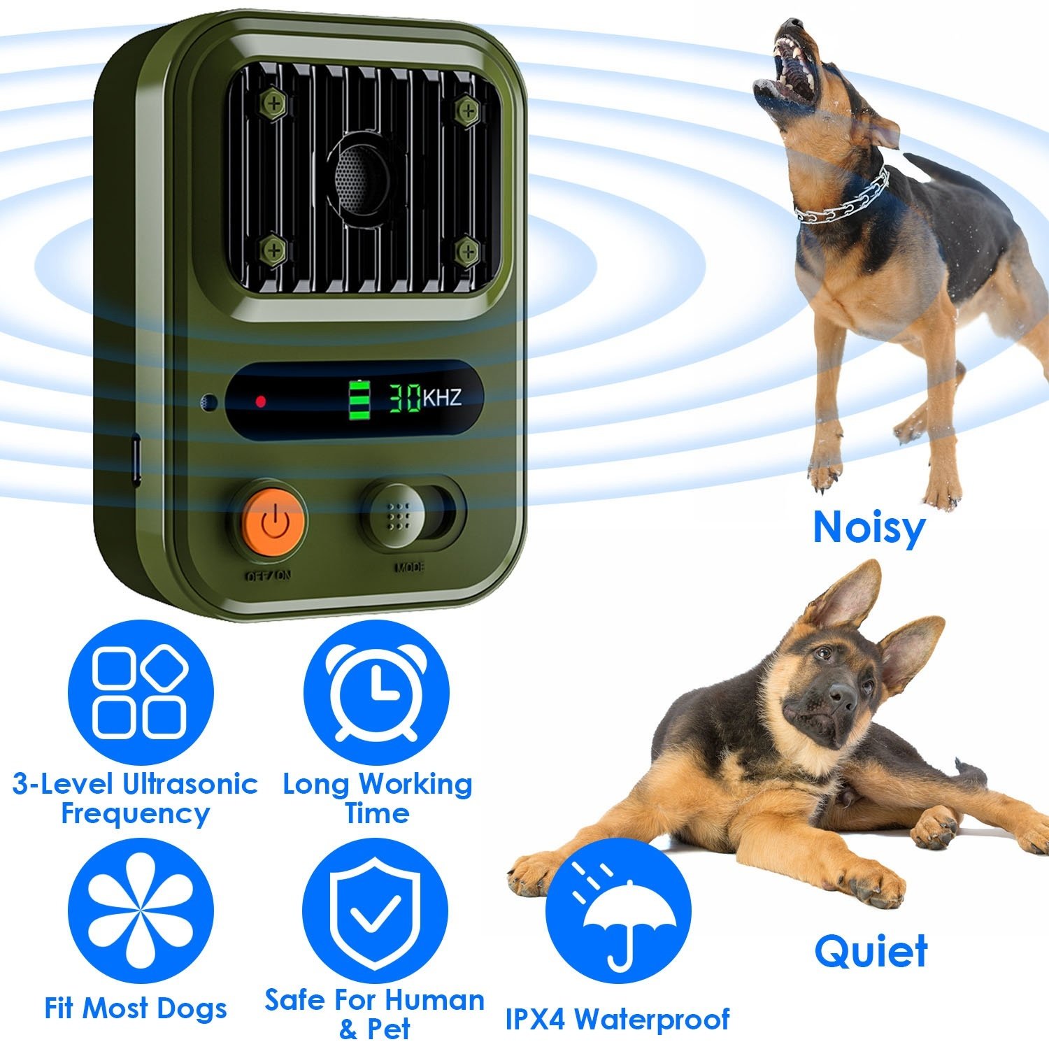 Options de couleur noir et vert – 1 dispositif anti-aboiement à ultrasons rechargeable : boîtier de dissuasion et de dressage automatique, étanche (IPX4), avec 3 fréquences et une portée de détection maximale de 10 mètres (32,8 pieds), adapté à la plupart des chiens. - Image 5