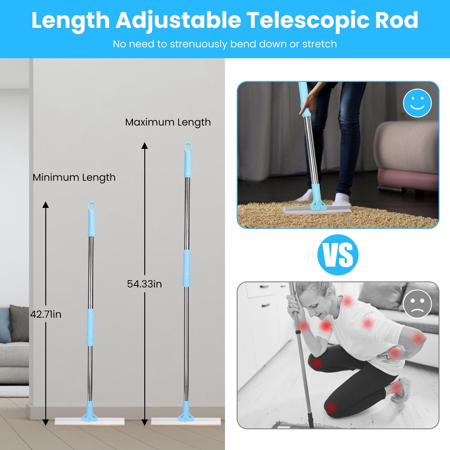 1 Râteau anti-poils pour animaux avec manche télescopique réglable (138 cm) – Grattoir multi-surfaces pour poils de chien et chat, adapté aux tapis, moquettes, vêtements et canapés. - Image 3