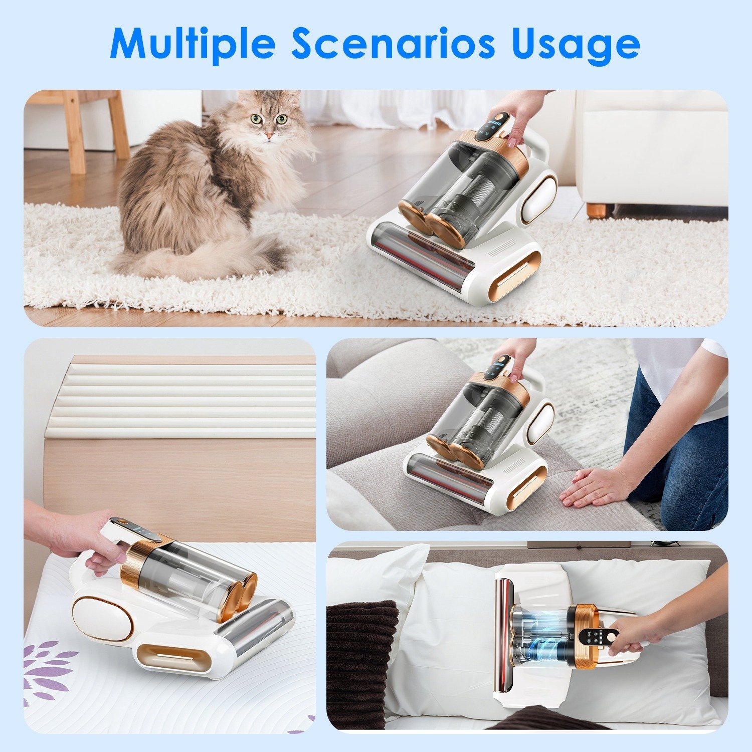 Aspirateur pour matelas (1 pièce) – Puissance d'aspiration de 16 kPa, technologie à ultrasons et lumière UV-C, brosse rotative à 18 000 tr/min, double réservoir à poussière et filtres lavables ; idéal pour lits, oreillers, lits de bébé et canapés. - Image 5