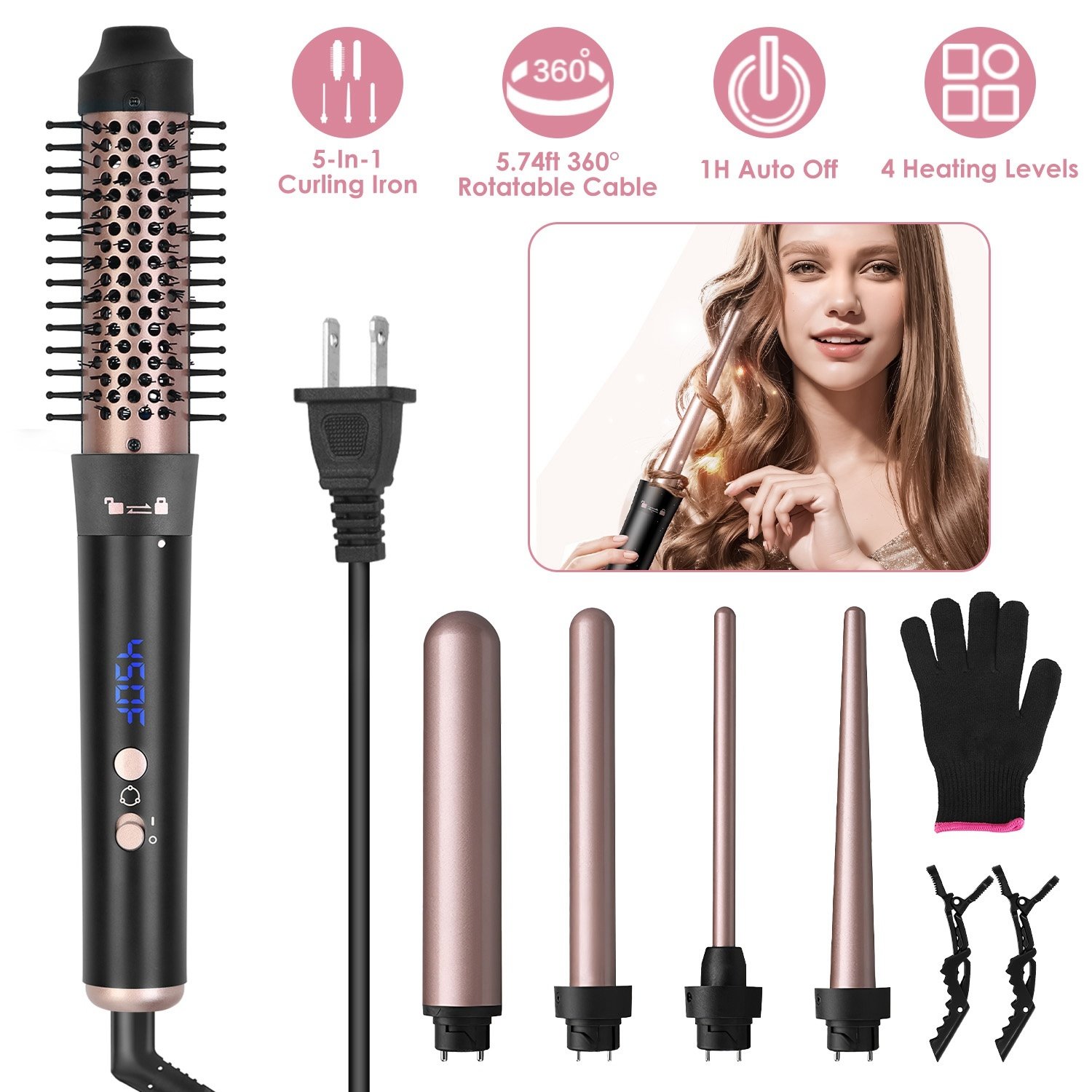 2 options disponibles – 1 appareil 5-en-1 : brosse chauffante et fer à boucler anti-emmêlement avec 4 niveaux de température, cordon rotatif à 360°, 5 embouts interchangeables, 2 pinces et arrêt automatique après 1 heure. - Image 9