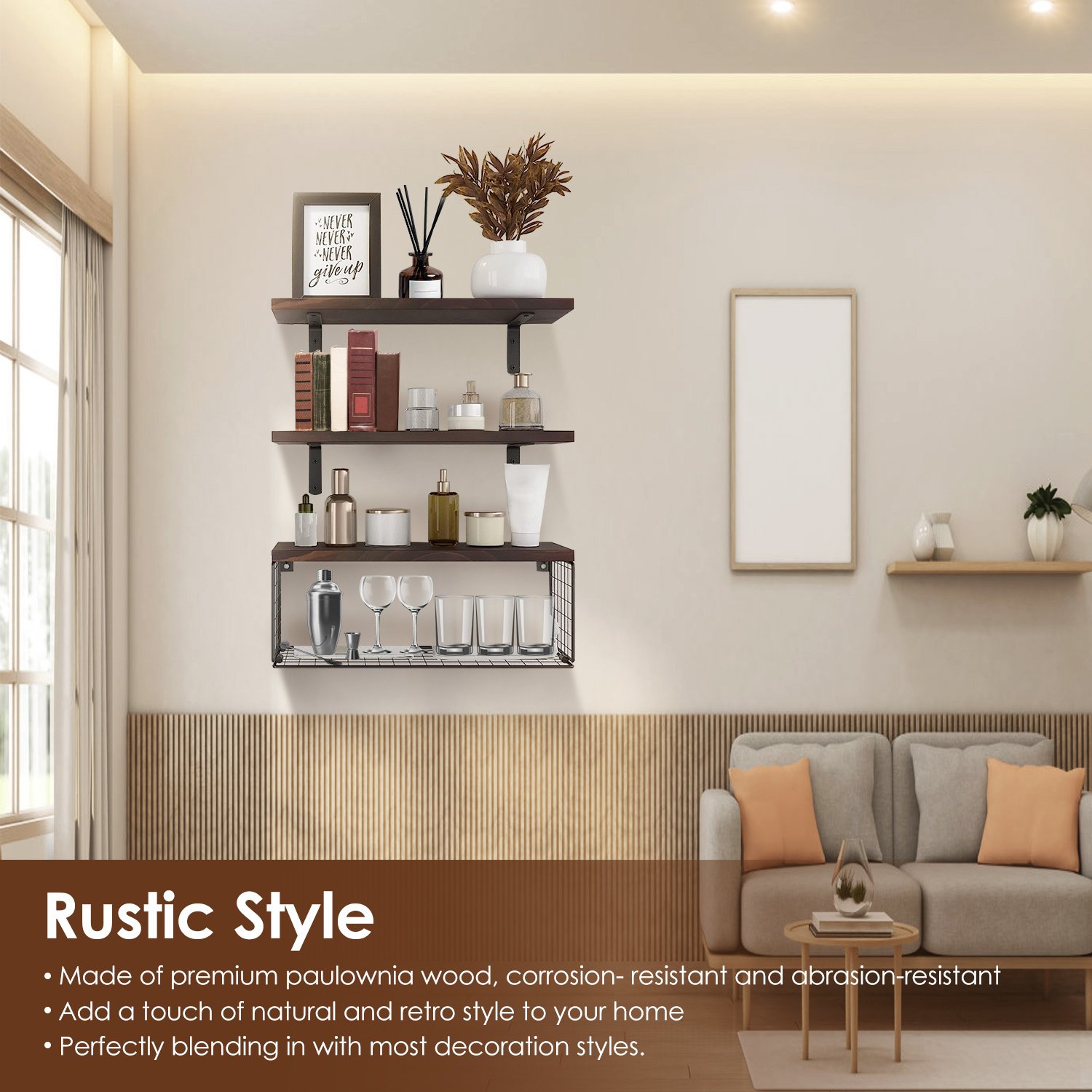Étagères murales flottantes 2-en-1 avec panier de rangement – Étagères en bois pour salle de bain (au-dessus des toilettes), chambre, salon, cuisine ou bureau – Décoration murale pour plantes - Image 3