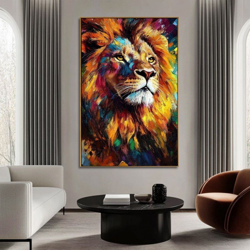 Tableau abstrait d'animal sur toile – Peinture à l'huile faite main – Lion coloré – Art mural moderne et élégant – Décoration pour salon - Image 2