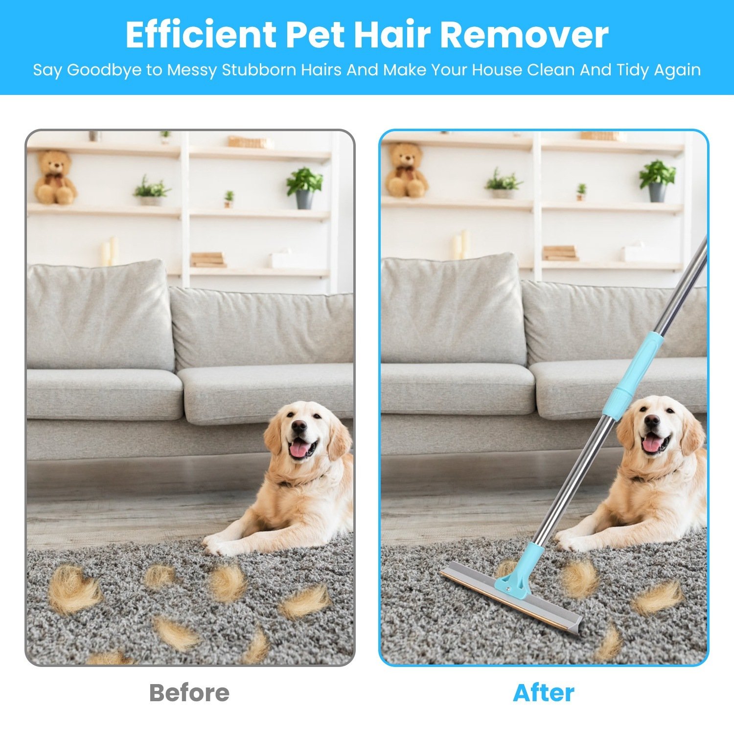 1 Râteau anti-poils pour animaux avec manche télescopique réglable (138 cm) – Grattoir multi-surfaces pour poils de chien et chat, adapté aux tapis, moquettes, vêtements et canapés. - Image 2