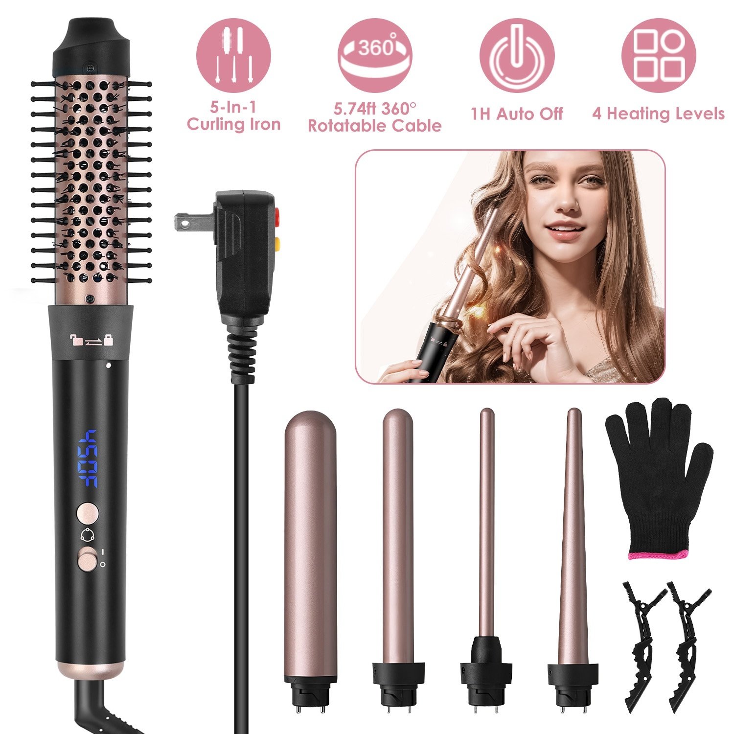 2 options disponibles – 1 appareil 5-en-1 : brosse chauffante et fer à boucler anti-emmêlement avec 4 niveaux de température, cordon rotatif à 360°, 5 embouts interchangeables, 2 pinces et arrêt automatique après 1 heure. - Image 4
