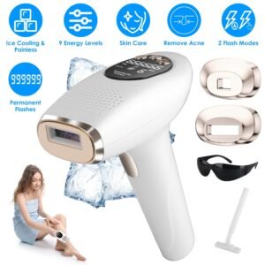 Épilateur IPL 3-en-1 à domicile avec fonction de refroidissement par glace (effet « Ice ») pour une épilation laser permanente et indolore ; 999 999 flashs, 9 niveaux d'intensité et 2 modes d'utilisation (aisselles, jambes, bras, maillot).