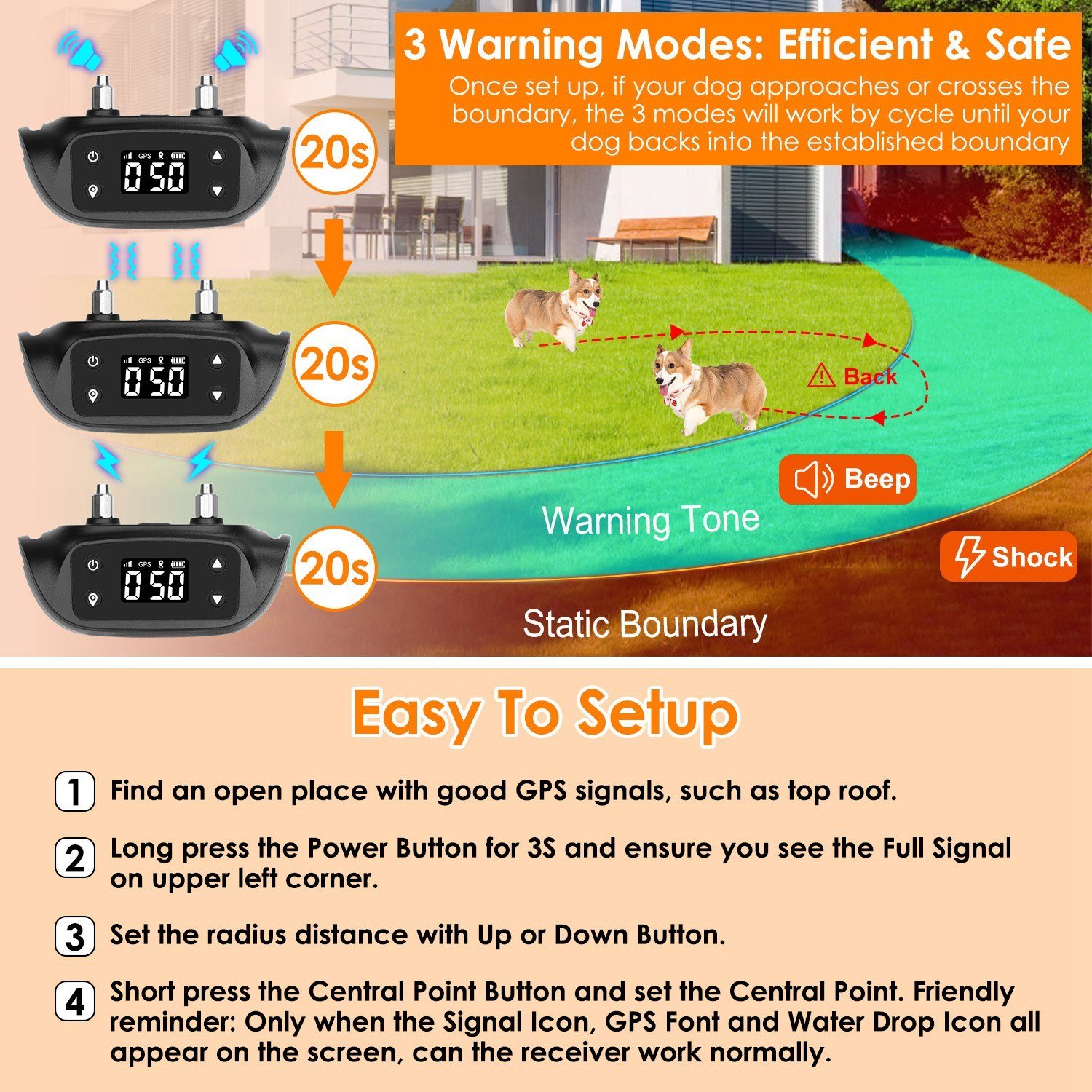 Traceur GPS 2-en-1 pour chien : clôture virtuelle sans fil et collier GPS avec rayon réglable (10 à 880 mètres), étanchéité IPX6, adapté aux chiens de petite, moyenne et grande taille. - Image 2