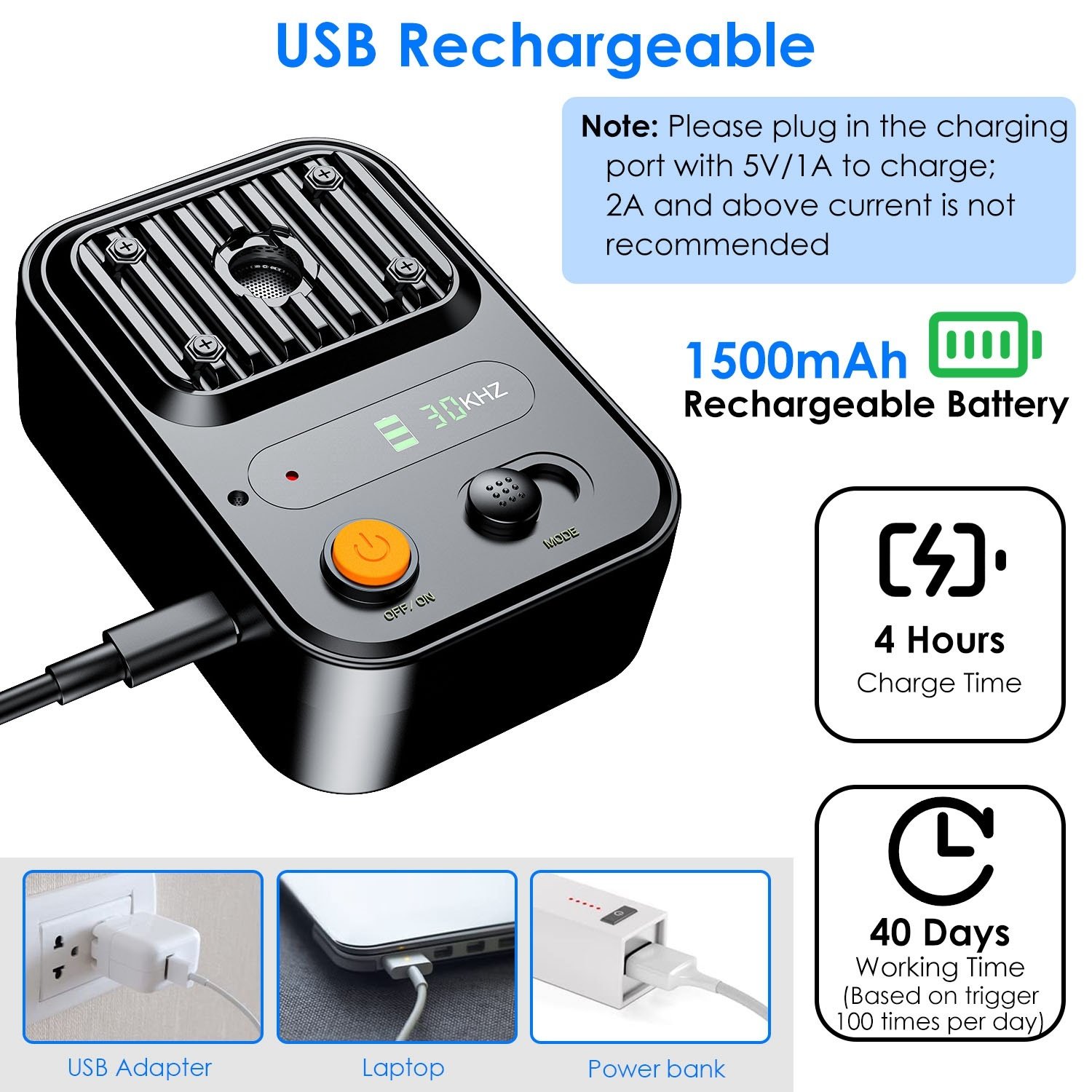 Options de couleur noir et vert – 1 dispositif anti-aboiement à ultrasons rechargeable : boîtier de dissuasion et de dressage automatique, étanche (IPX4), avec 3 fréquences et une portée de détection maximale de 10 mètres (32,8 pieds), adapté à la plupart des chiens. - Image 2