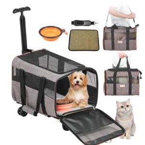 Sac de transport pour chat VEVOR à roulettes, homologué pour le transport aérien, avec poignée télescopique et bandoulière ; sac à roulettes pour chiens et animaux de moins de 10 kg, incluant une gamelle pliable, gris.