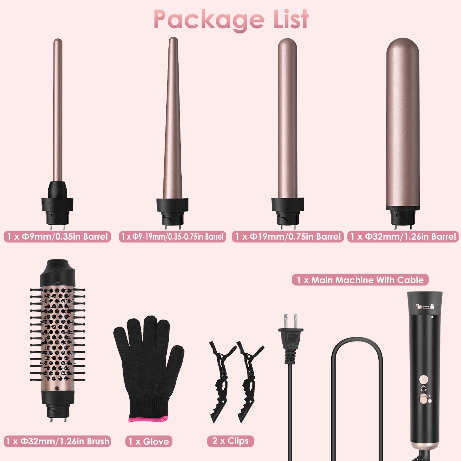 2 options disponibles – 1 appareil 5-en-1 : brosse chauffante et fer à boucler anti-emmêlement avec 4 niveaux de température, cordon rotatif à 360°, 5 embouts interchangeables, 2 pinces et arrêt automatique après 1 heure. - Image 7