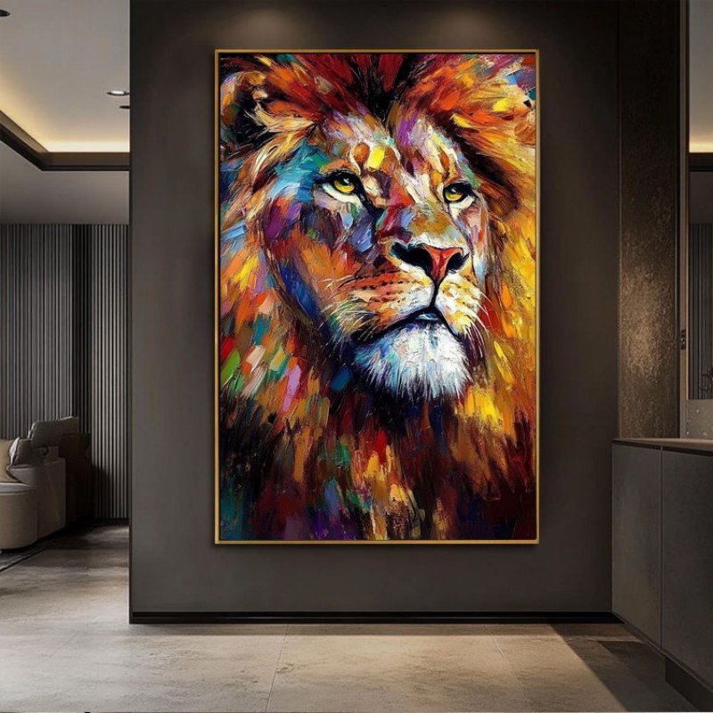 Tableau abstrait d'animal sur toile – Peinture à l'huile faite main – Lion coloré – Art mural moderne et élégant – Décoration pour salon