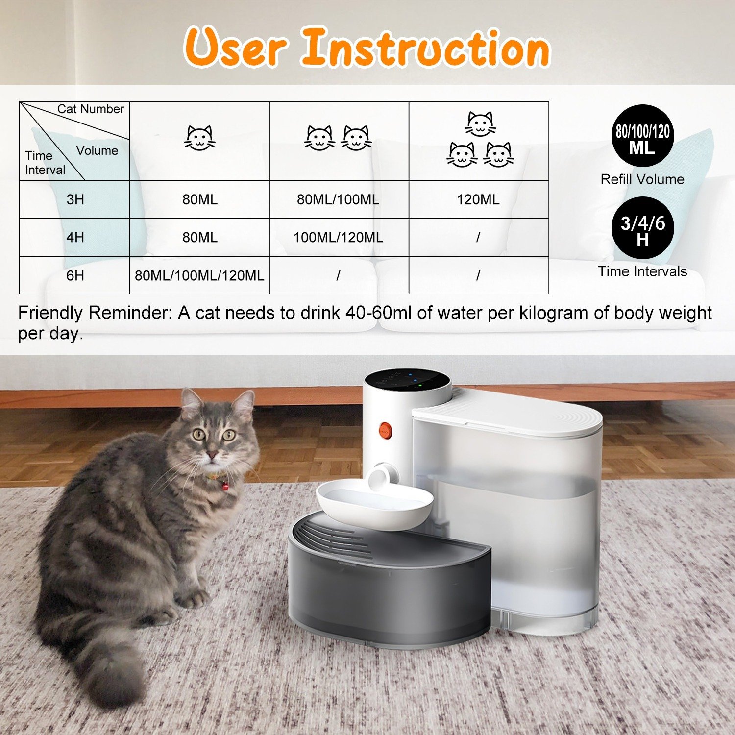 Fontaine à eau intelligente pour animaux (1 pièce) – Distributeur d'eau automatique sans fil et rechargeable pour chats et chiens (3 L) – Remplissage automatique avec 3 niveaux de volume, 3 intervalles de temps et commande tactile. - Image 7