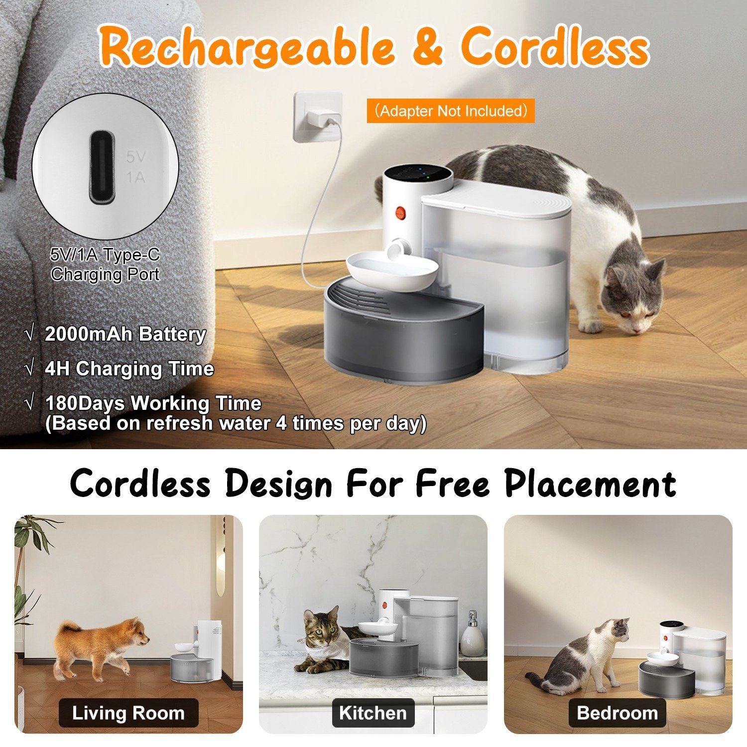 Fontaine à eau intelligente pour animaux (1 pièce) – Distributeur d'eau automatique sans fil et rechargeable pour chats et chiens (3 L) – Remplissage automatique avec 3 niveaux de volume, 3 intervalles de temps et commande tactile. - Image 8