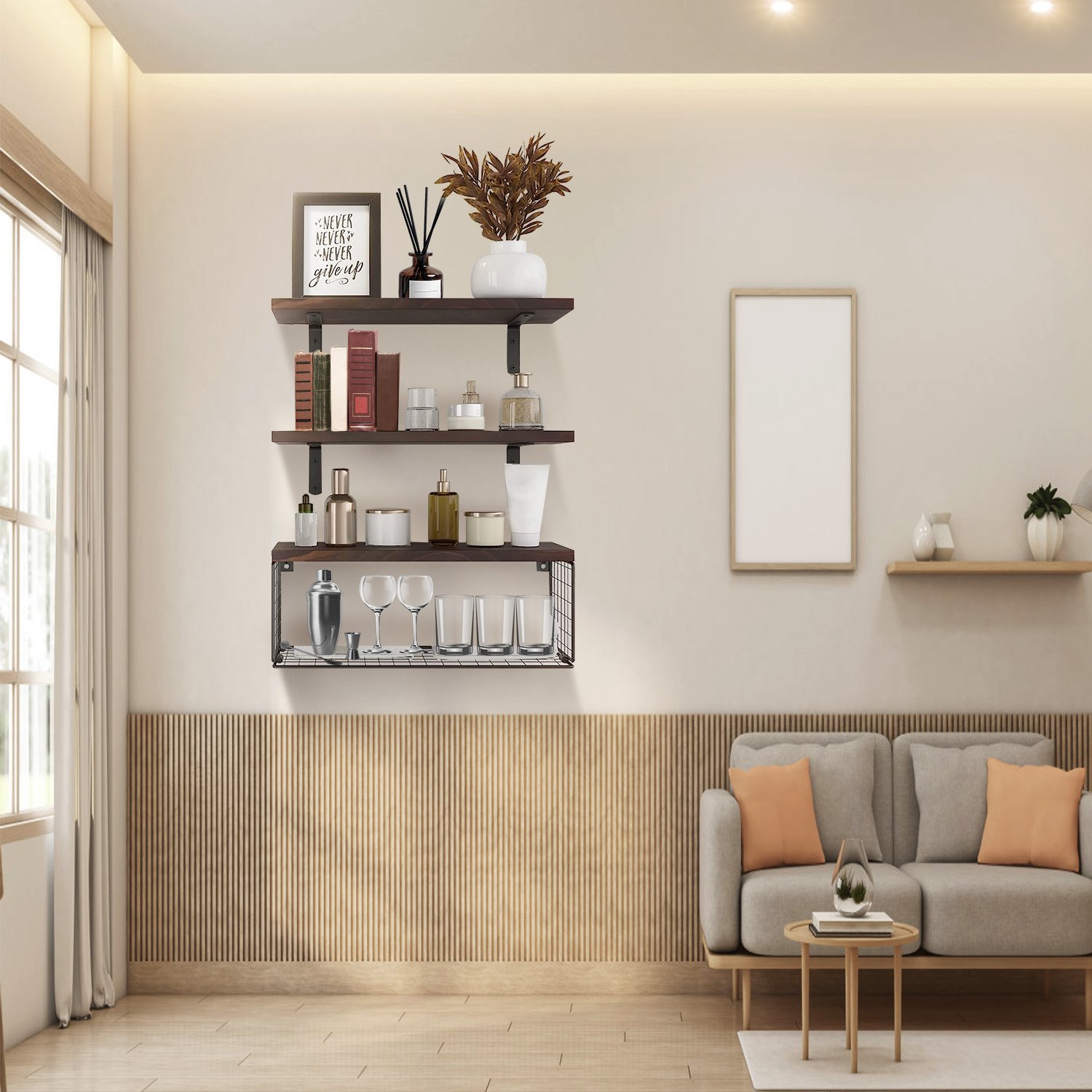Étagères murales flottantes 2-en-1 avec panier de rangement – Étagères en bois pour salle de bain (au-dessus des toilettes), chambre, salon, cuisine ou bureau – Décoration murale pour plantes - Image 2