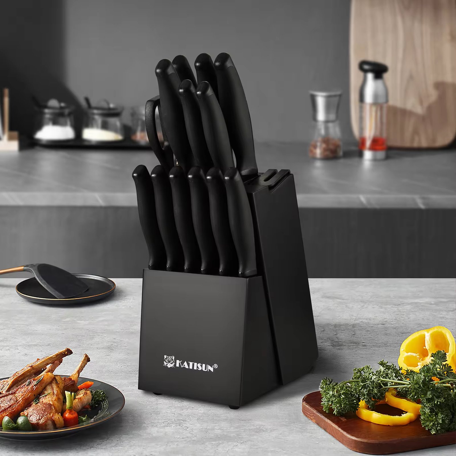 Ensemble de 15 couteaux de cuisine avec aiguiseur intégré - Lames en acier au carbone et manches ergonomiques - Image 6