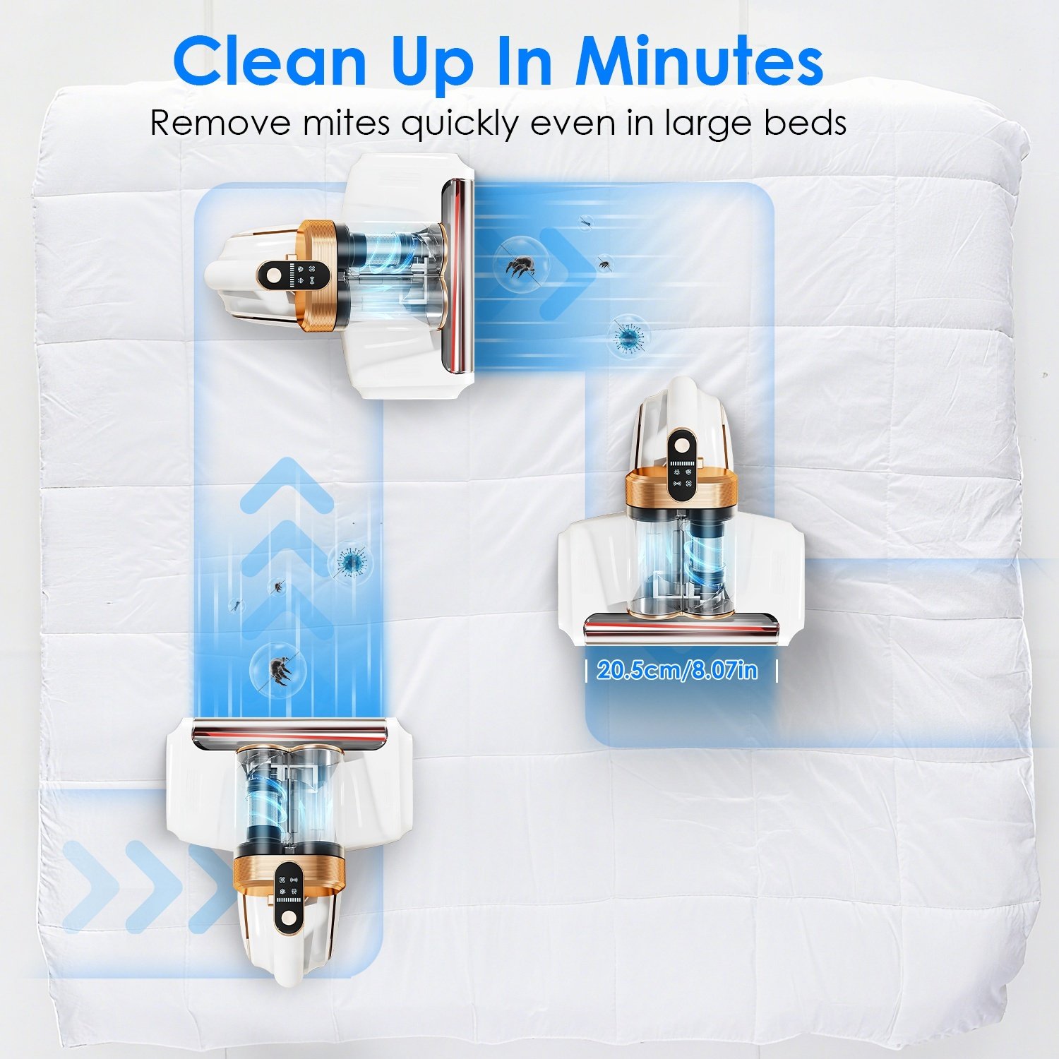 Aspirateur pour matelas (1 pièce) – Puissance d'aspiration de 16 kPa, technologie à ultrasons et lumière UV-C, brosse rotative à 18 000 tr/min, double réservoir à poussière et filtres lavables ; idéal pour lits, oreillers, lits de bébé et canapés. - Image 6