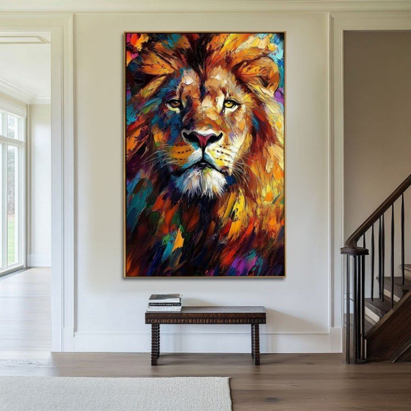 Tableau abstrait d'animal sur toile – Peinture à l'huile faite main – Lion coloré – Art mural moderne et élégant – Décoration pour salon - Image 3