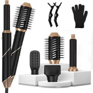 Kit de coiffage 5-en-1 : sèche-cheveux brosse, lisseur, boucleur et styler automatique (avec enroulement), doté de 3 réglages de température, prise ALCI, gant, attache-câble et 2 pinces crocodiles.
