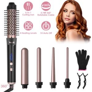 2 options disponibles – 1 appareil 5-en-1 : brosse chauffante et fer à boucler anti-emmêlement avec 4 niveaux de température, cordon rotatif à 360°, 5 embouts interchangeables, 2 pinces et arrêt automatique après 1 heure.