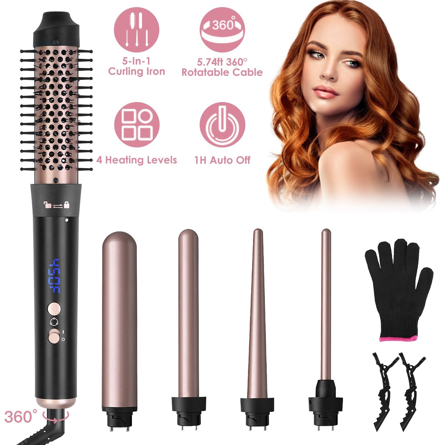 2 options disponibles – 1 appareil 5-en-1 : brosse chauffante et fer à boucler anti-emmêlement avec 4 niveaux de température, cordon rotatif à 360°, 5 embouts interchangeables, 2 pinces et arrêt automatique après 1 heure.