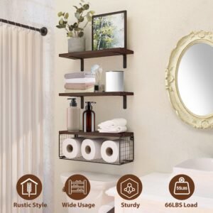 Étagères murales flottantes 2-en-1 avec panier de rangement – ​​Étagères en bois pour salle de bain (au-dessus des toilettes), chambre, salon, cuisine ou bureau – Décoration murale pour plantes
