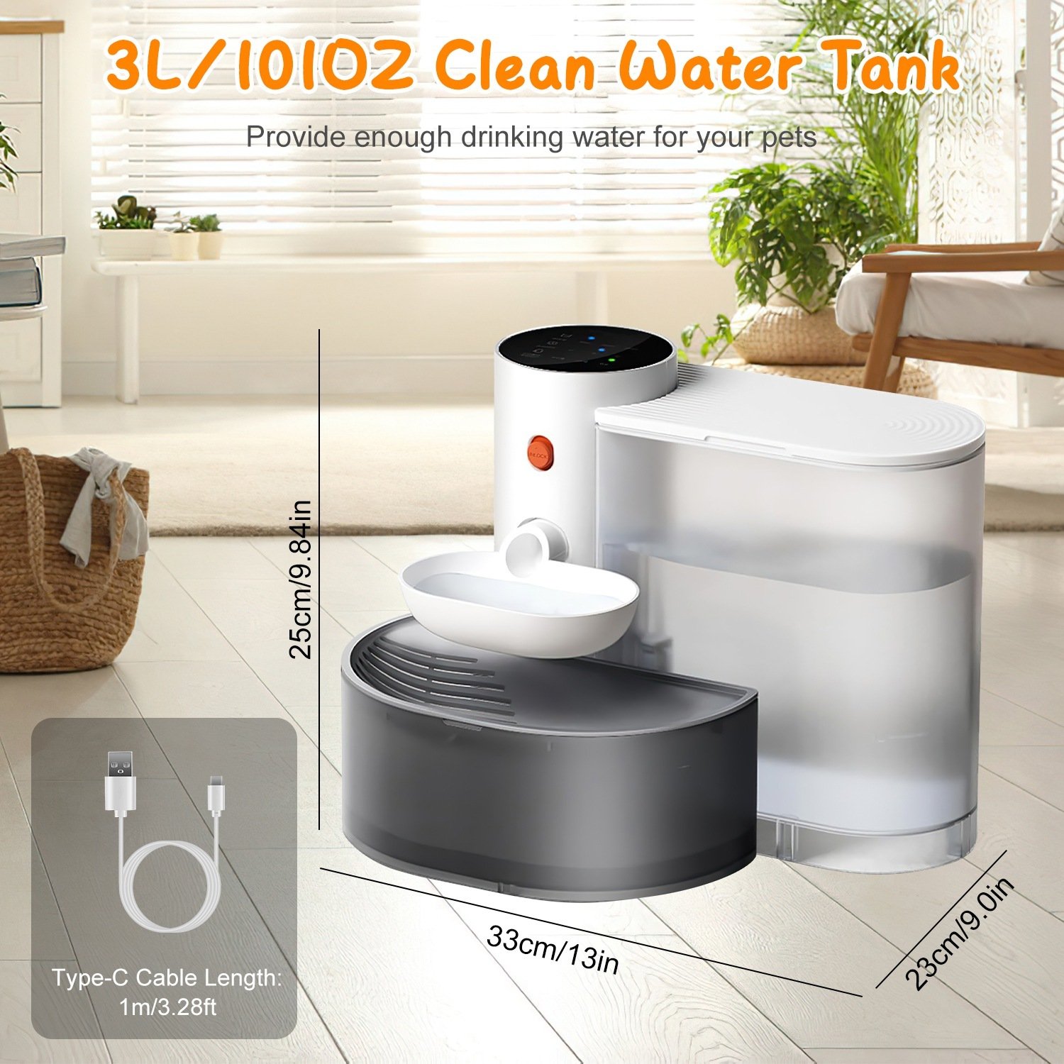 Fontaine à eau intelligente pour animaux (1 pièce) – Distributeur d'eau automatique sans fil et rechargeable pour chats et chiens (3 L) – Remplissage automatique avec 3 niveaux de volume, 3 intervalles de temps et commande tactile. - Image 4
