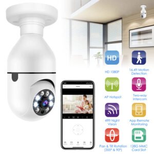 1x Caméra-ampoule WiFi E27 (1080P FHD) – Caméra de surveillance IP avec fonctions panoramique/inclinaison, audio bidirectionnel, vision nocturne, détection de mouvement et contrôle via application.