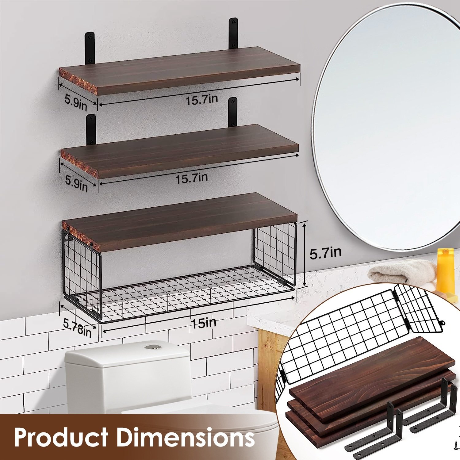 Étagères murales flottantes 2-en-1 avec panier de rangement – Étagères en bois pour salle de bain (au-dessus des toilettes), chambre, salon, cuisine ou bureau – Décoration murale pour plantes - Image 6