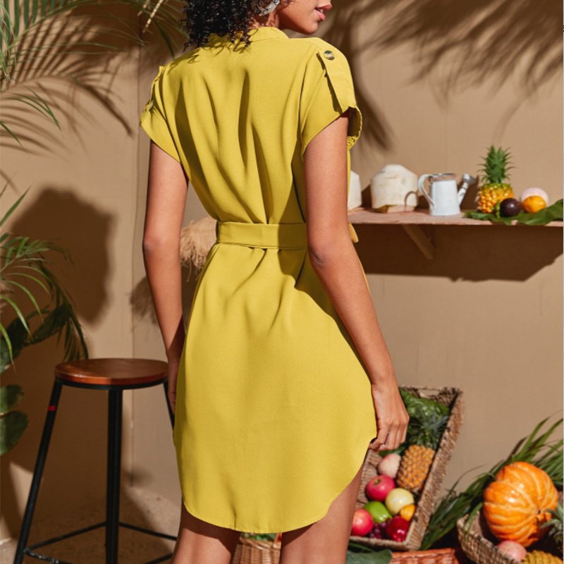 Robe d'été à manches courtes et col en V avec ceinture et nœud pour femme - Image 3
