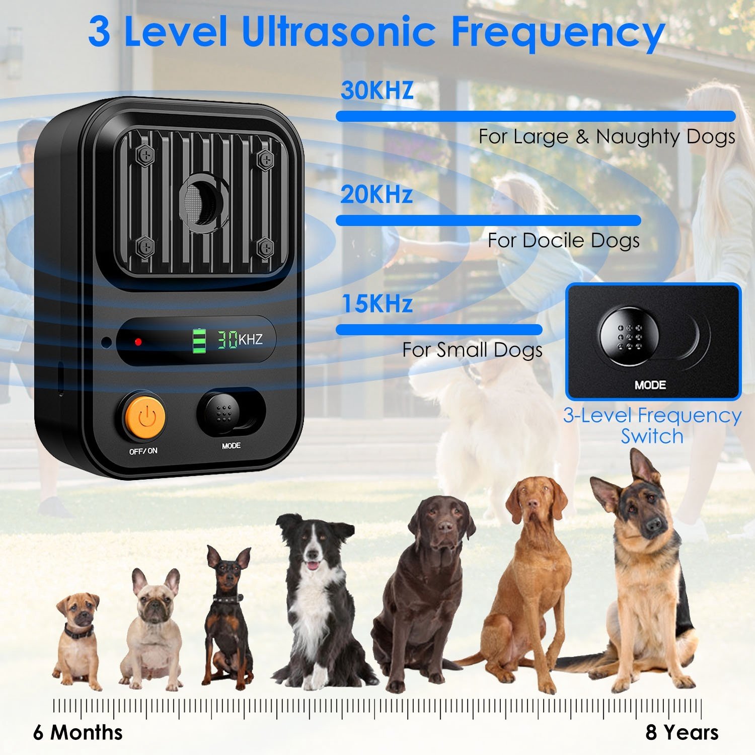 Options de couleur noir et vert – 1 dispositif anti-aboiement à ultrasons rechargeable : boîtier de dissuasion et de dressage automatique, étanche (IPX4), avec 3 fréquences et une portée de détection maximale de 10 mètres (32,8 pieds), adapté à la plupart des chiens. - Image 4