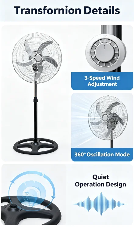 Ventilateur sur Pied Réglable - 5 Pales, Silencieux & Rotatif - Image 4