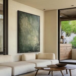 Grande peinture abstraite géométrique vert et beige – Art mural minimaliste style Wabi-Sabi – Toile verte – Décoration murale moderne verte