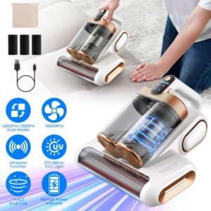 Aspirateur pour matelas (1 pièce) – Puissance d'aspiration de 16 kPa, technologie à ultrasons et lumière UV-C, brosse rotative à 18 000 tr/min, double réservoir à poussière et filtres lavables ; idéal pour lits, oreillers, lits de bébé et canapés.