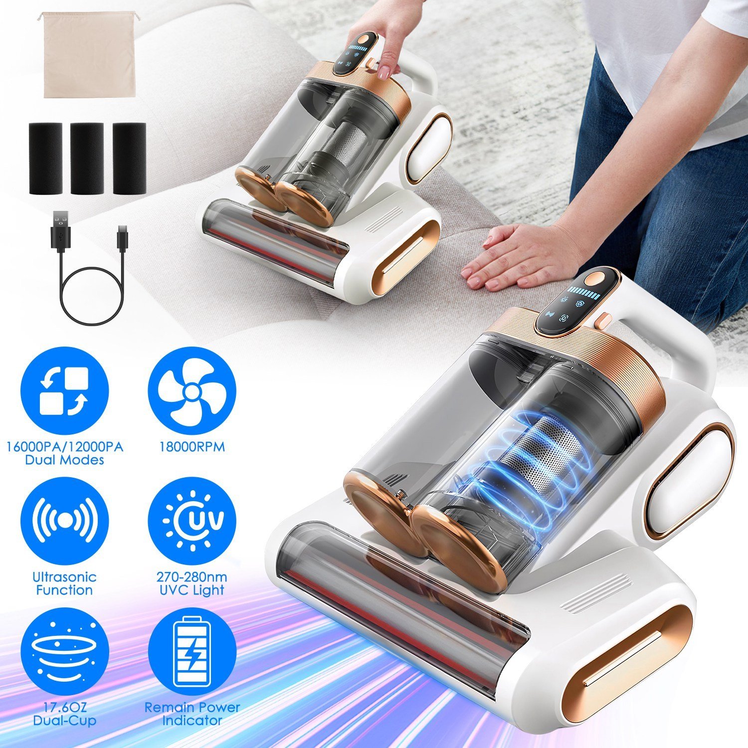 Aspirateur pour matelas (1 pièce) – Puissance d'aspiration de 16 kPa, technologie à ultrasons et lumière UV-C, brosse rotative à 18 000 tr/min, double réservoir à poussière et filtres lavables ; idéal pour lits, oreillers, lits de bébé et canapés.