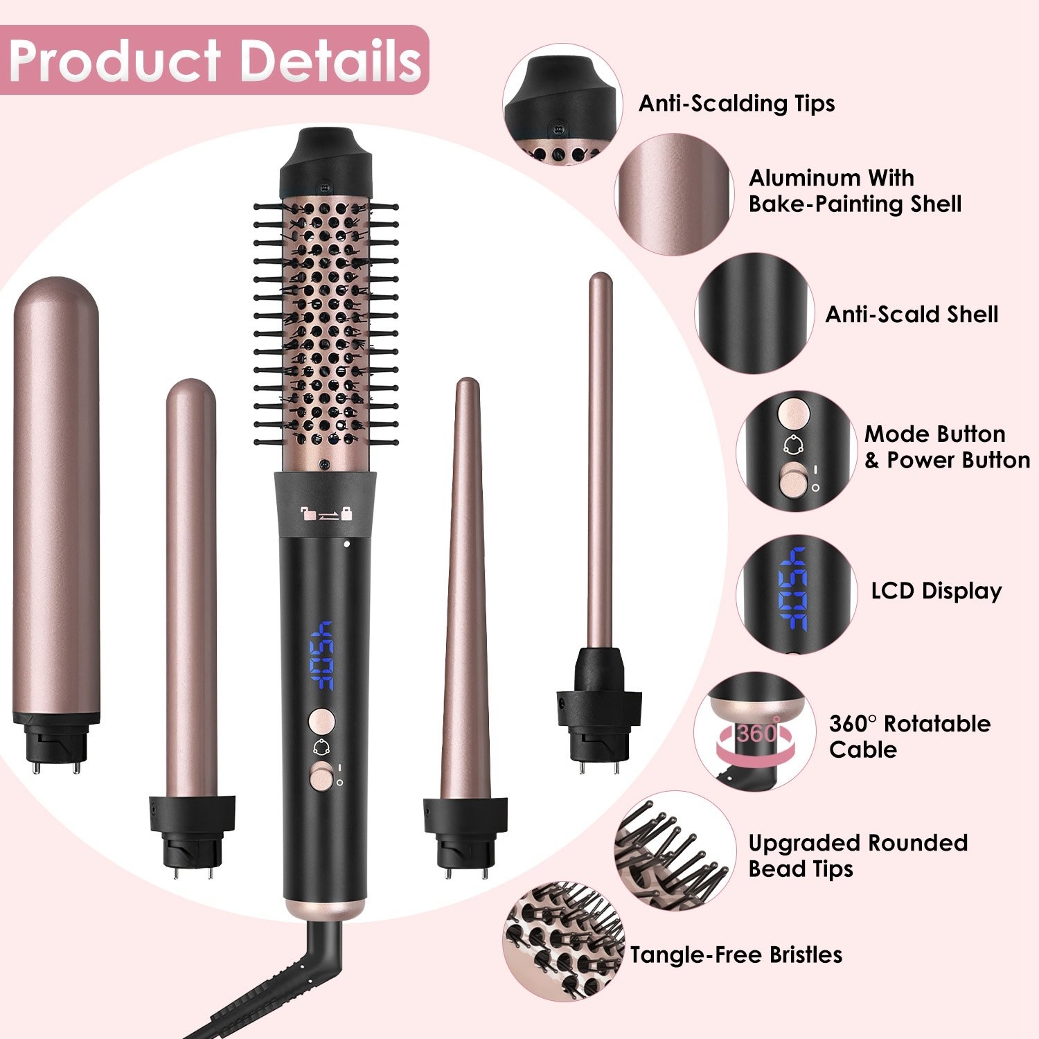 2 options disponibles – 1 appareil 5-en-1 : brosse chauffante et fer à boucler anti-emmêlement avec 4 niveaux de température, cordon rotatif à 360°, 5 embouts interchangeables, 2 pinces et arrêt automatique après 1 heure. - Image 8
