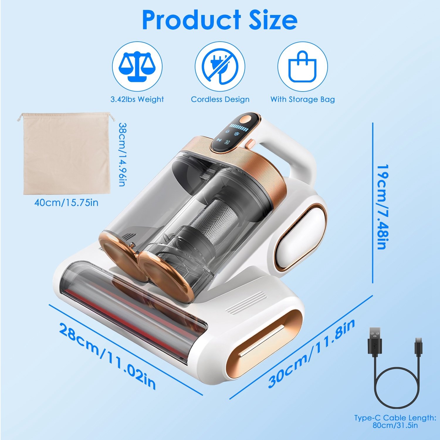 Aspirateur pour matelas (1 pièce) – Puissance d'aspiration de 16 kPa, technologie à ultrasons et lumière UV-C, brosse rotative à 18 000 tr/min, double réservoir à poussière et filtres lavables ; idéal pour lits, oreillers, lits de bébé et canapés. - Image 3
